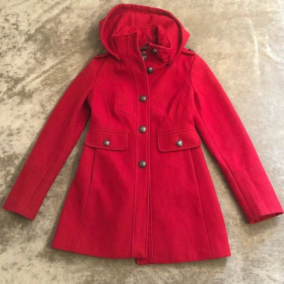 Guess XS Women's Red Wool-Blend Jacket with Hood  Vintage 80s Retro Style - Picture 1 of 12
